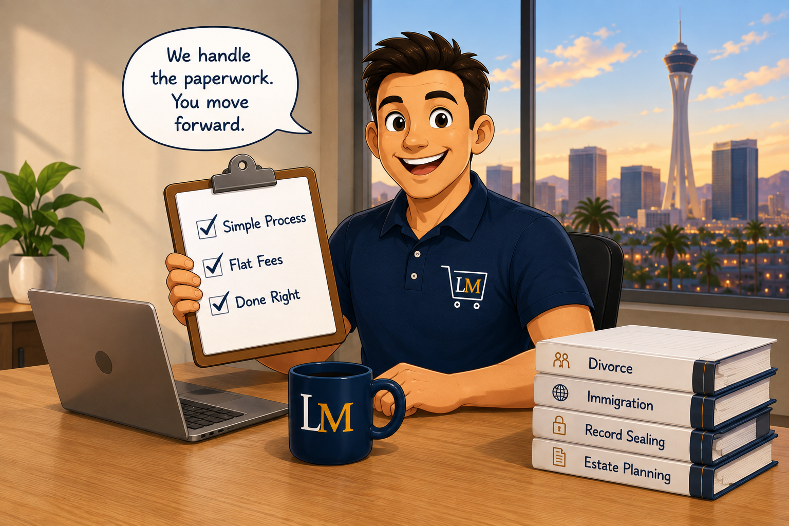 Friendly LawMart document preparation representative with clipboard and Las Vegas skyline